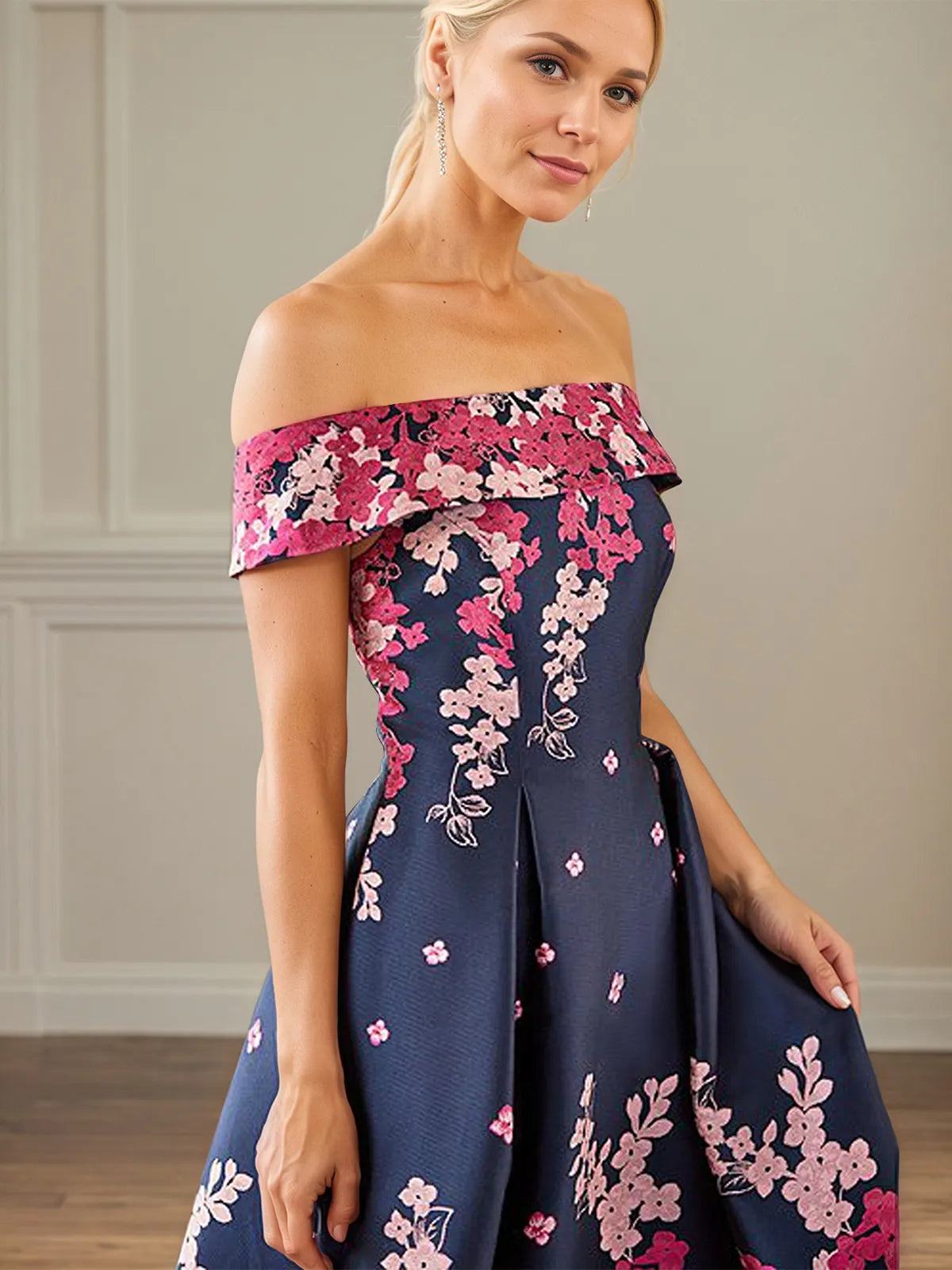 A-Line Off-the-Shoulder Ankle Length Satin Floral Mother of the Bride Dress - View 7 | FashionDia