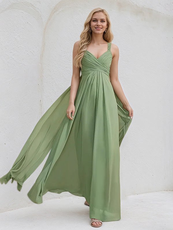 Basil A-Line V-Neck Floor-Length Chiffon Bridesmaid Dress With Ruffle