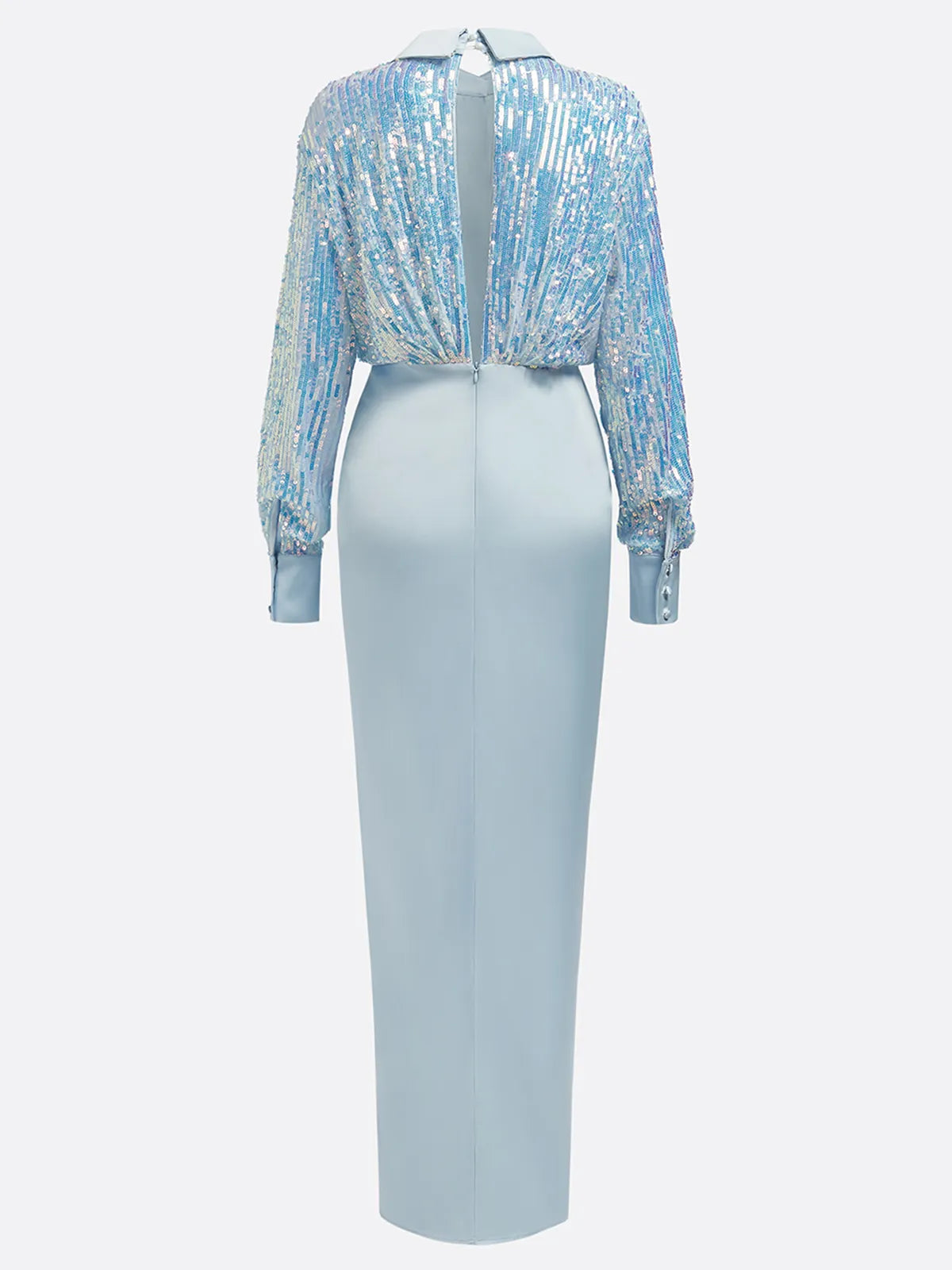 Blue Sequin Collared Long Sleeve Slit Sheath Maxi Dress