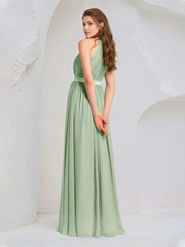 Sage Chiffon A Line Halter Neck Sleeveless Floor Length Bridesmaid Dress