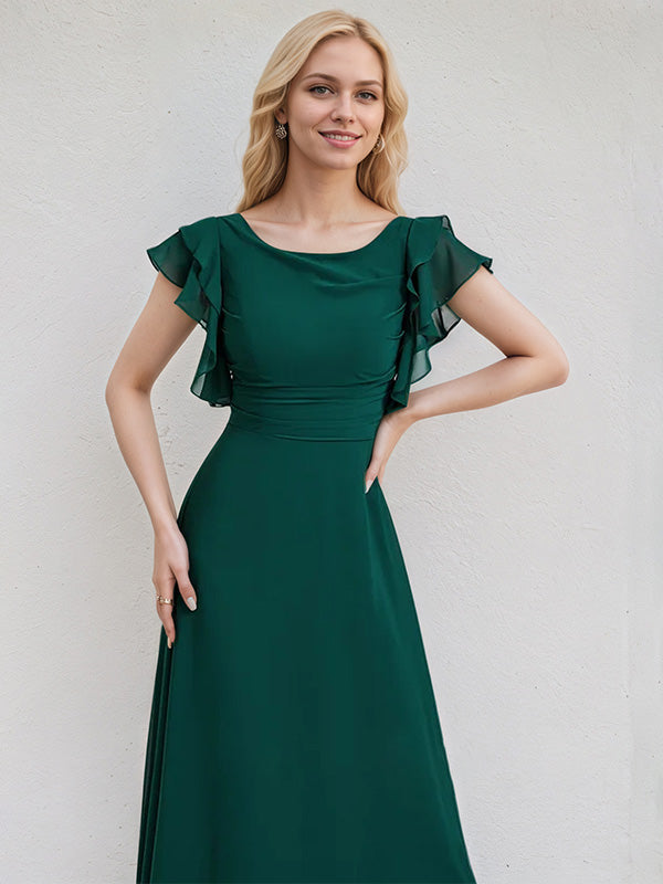 Peacock Chiffon A Line Scoop Short Sleeves Floor Length Bridesmaid Dress With Cascading Ruffles