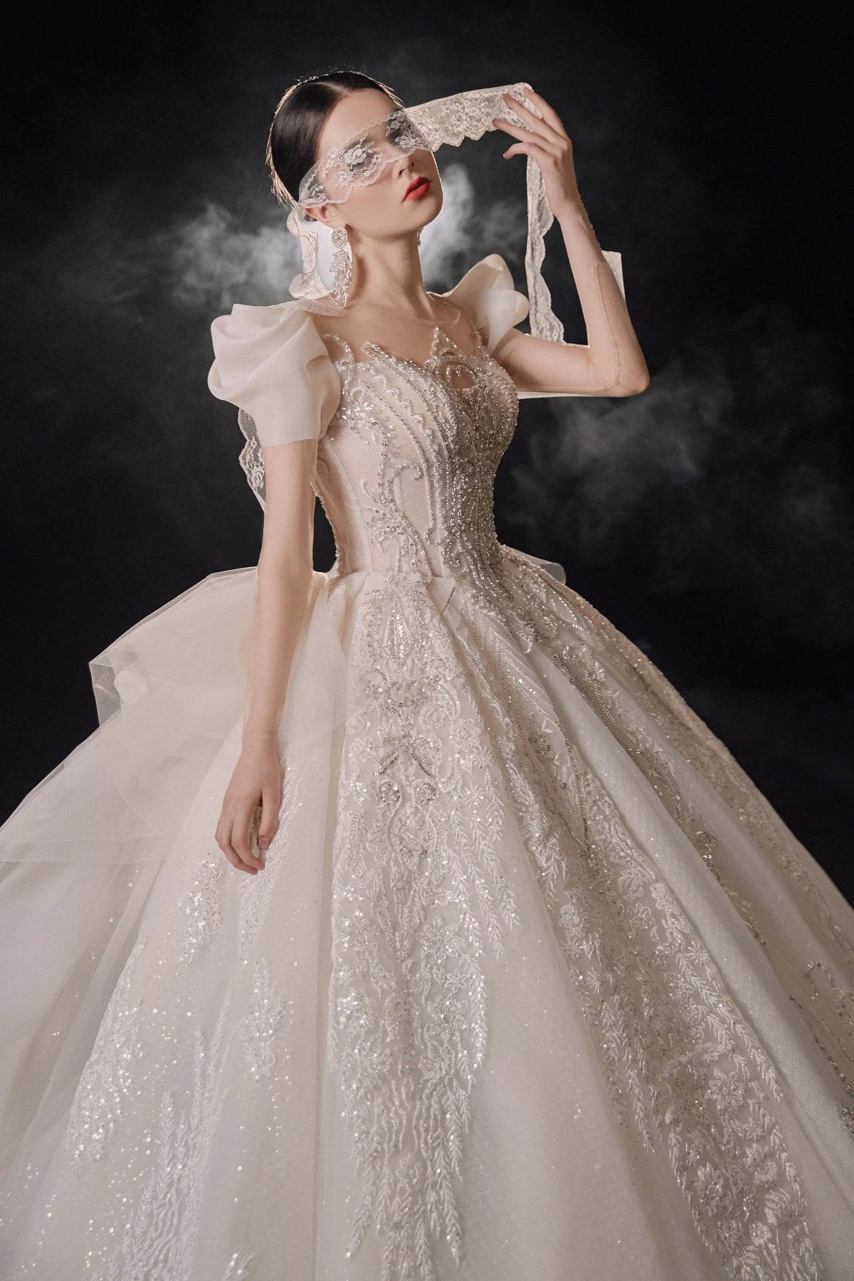 Gorgeous Puff-Sleeve Ball Gown Sweetheart Neckline Beaded Lace Wedding Dress with Ruffled Train E-309 by ZAPDRESS