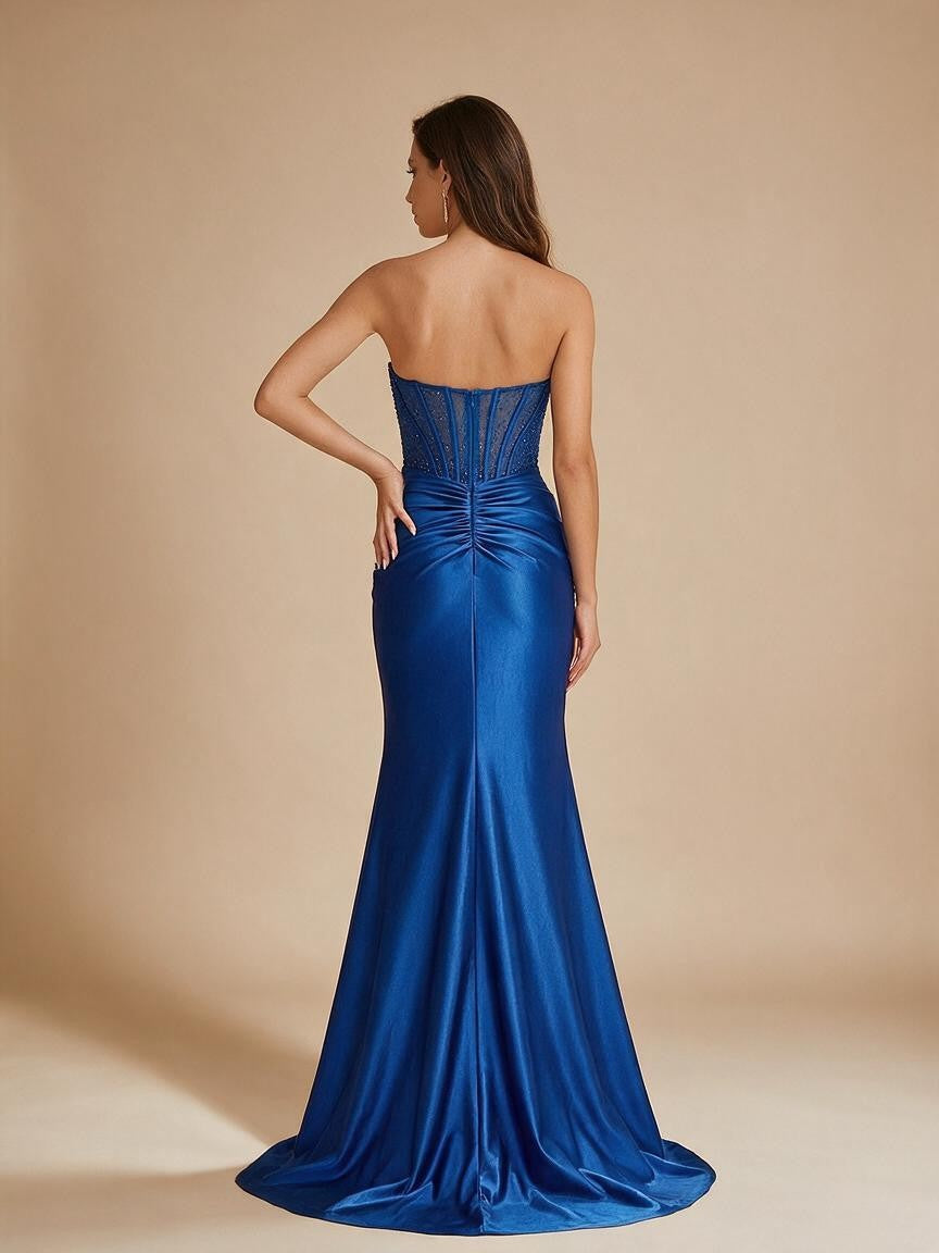 Royal Blue Strapless Corset Prom Dress with High Slit