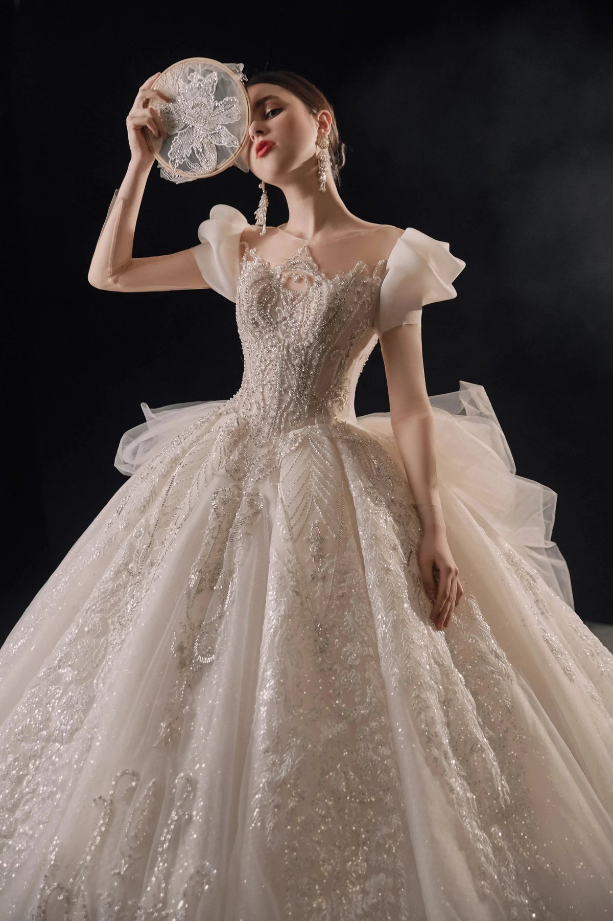 Gorgeous Puff-Sleeve Ball Gown Sweetheart Neckline Beaded Lace Wedding Dress with Ruffled Train E-309 (ZD16890) - View 4 | VelvetHem