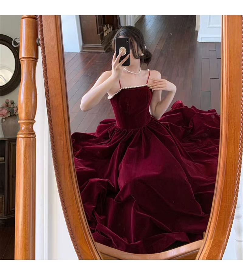 Spaghetti Straps Burgundy Velvet Prom Dress Simple Prom Dress Party Dress - View 5 | FashionDia