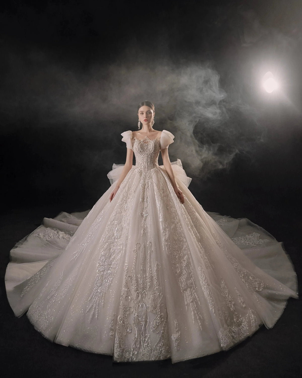 Gorgeous Puff-Sleeve Ball Gown Sweetheart Neckline Beaded Lace Wedding Dress with Ruffled Train E-309 (ZD16890) - View 2 | VelvetHem