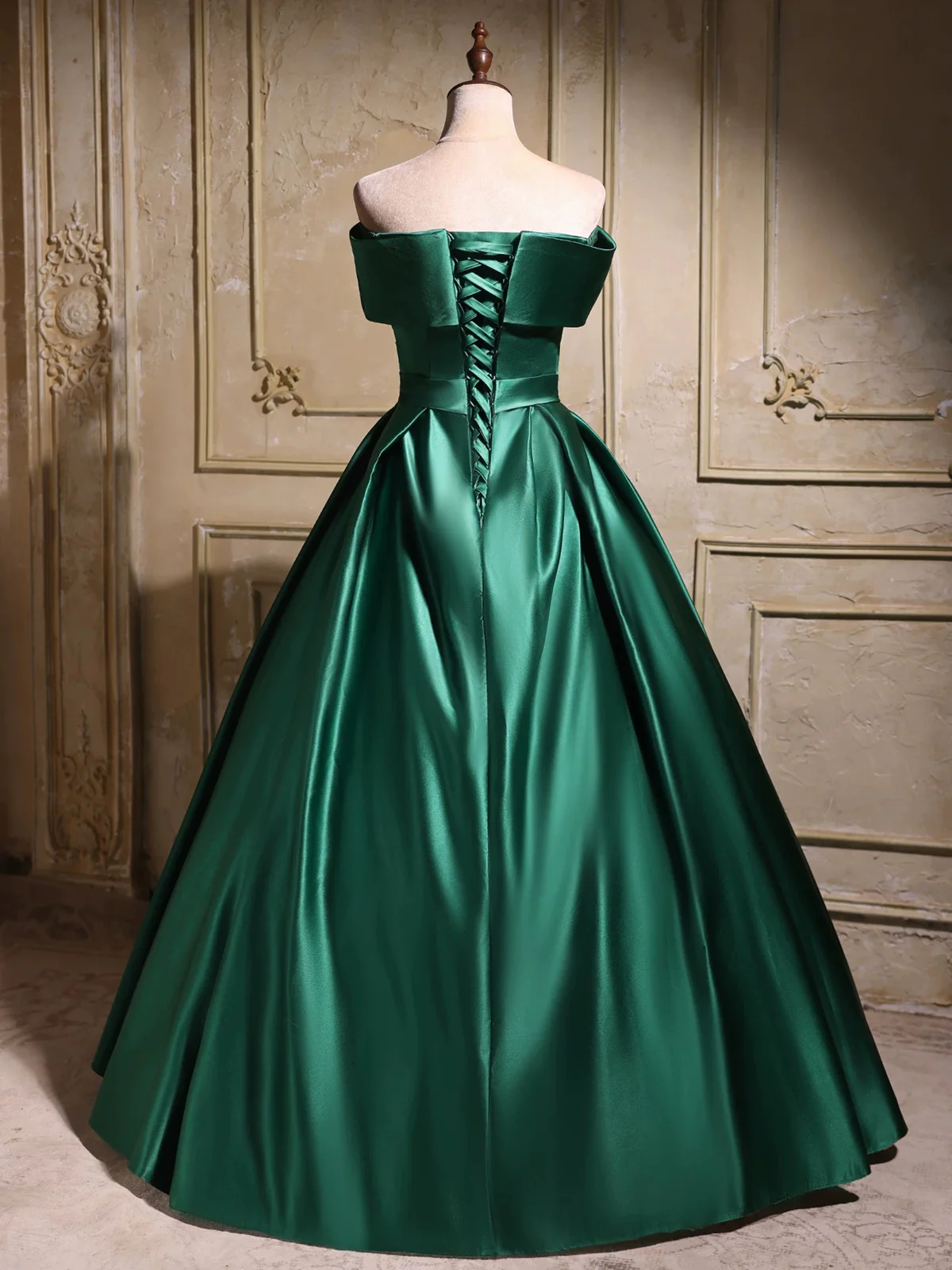 Elegant Emerald Green Satin Off-Shoulder Prom Dress, Long A-Line Formal Dress - View 3 | VelvetHem