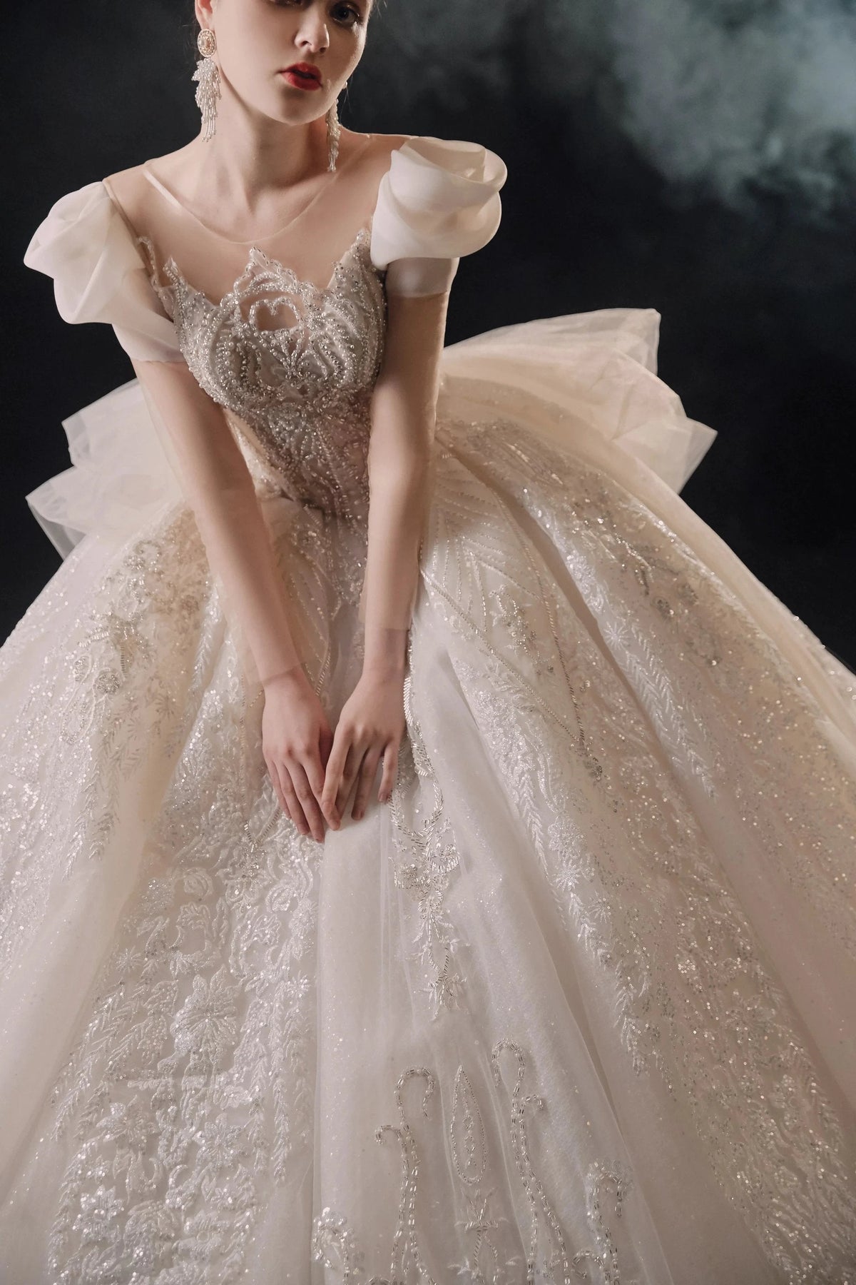 Gorgeous Puff-Sleeve Ball Gown Sweetheart Neckline Beaded Lace Wedding Dress with Ruffled Train E-309 (ZD16890) - View 5 | VelvetHem
