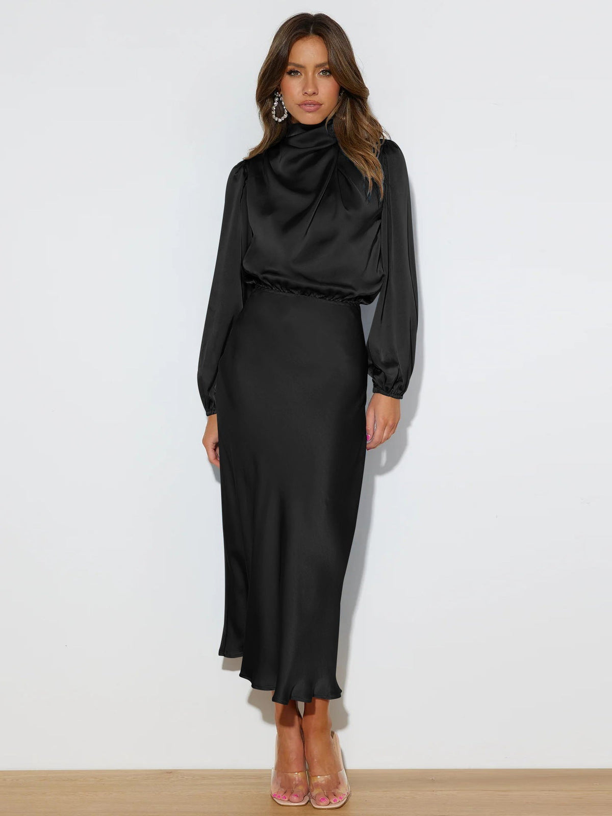 Autumn High Grade Satin Long Sleeve Loose Dress Elegant Women Dress Evening Dress Dress - View 7 | VelvetHem
