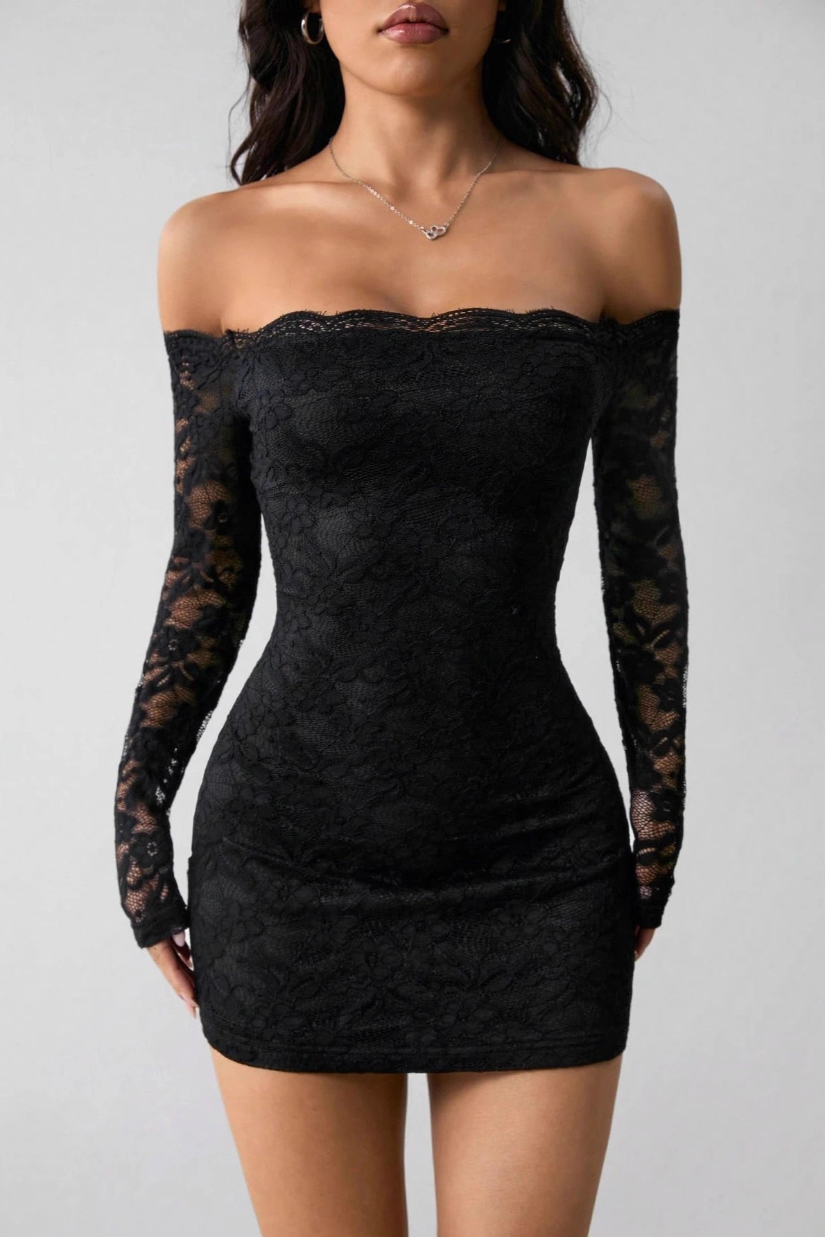 Off Shoulder Long Sleeve Slim Lace Dress - View 2 | VelvetHem