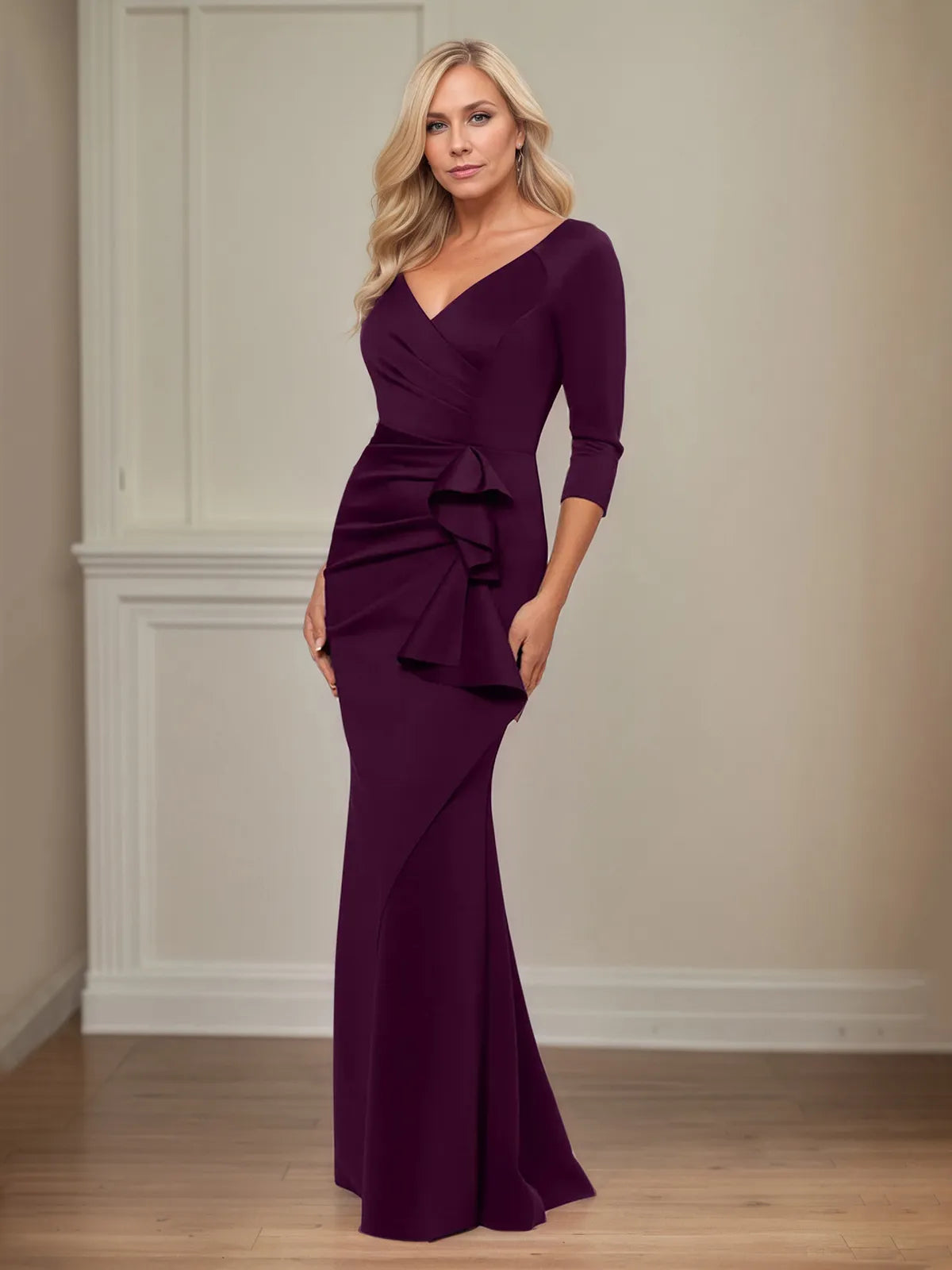 Trumpet/Mermaid V-Neck 3/4 Sleeve Floor-Length Stretch Crepe Mother of the Bride Dress With Ruffles - View 11 | FashionDia
