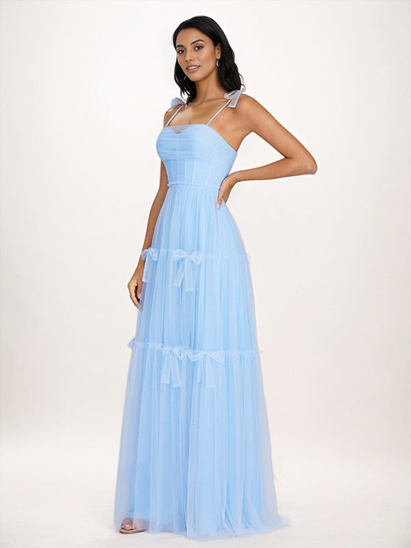 Sky Blue Tulle A Line Spaghetti Straps Floor Length Sleeveless Bridesmaid Dress With Bow