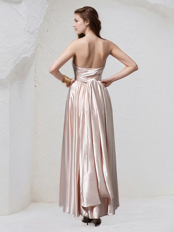 Pearl Pink Satin A Line Halter Neck Sleeveless Asymmetrical Bridesmaid Dress