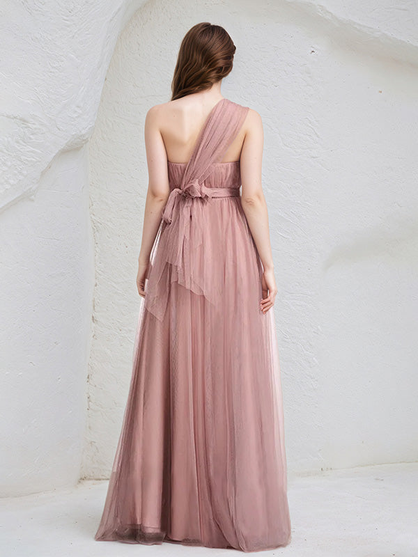 Dusty Rose A-Line Halter Neck Floor-Length Tulle Bridesmaid Dress