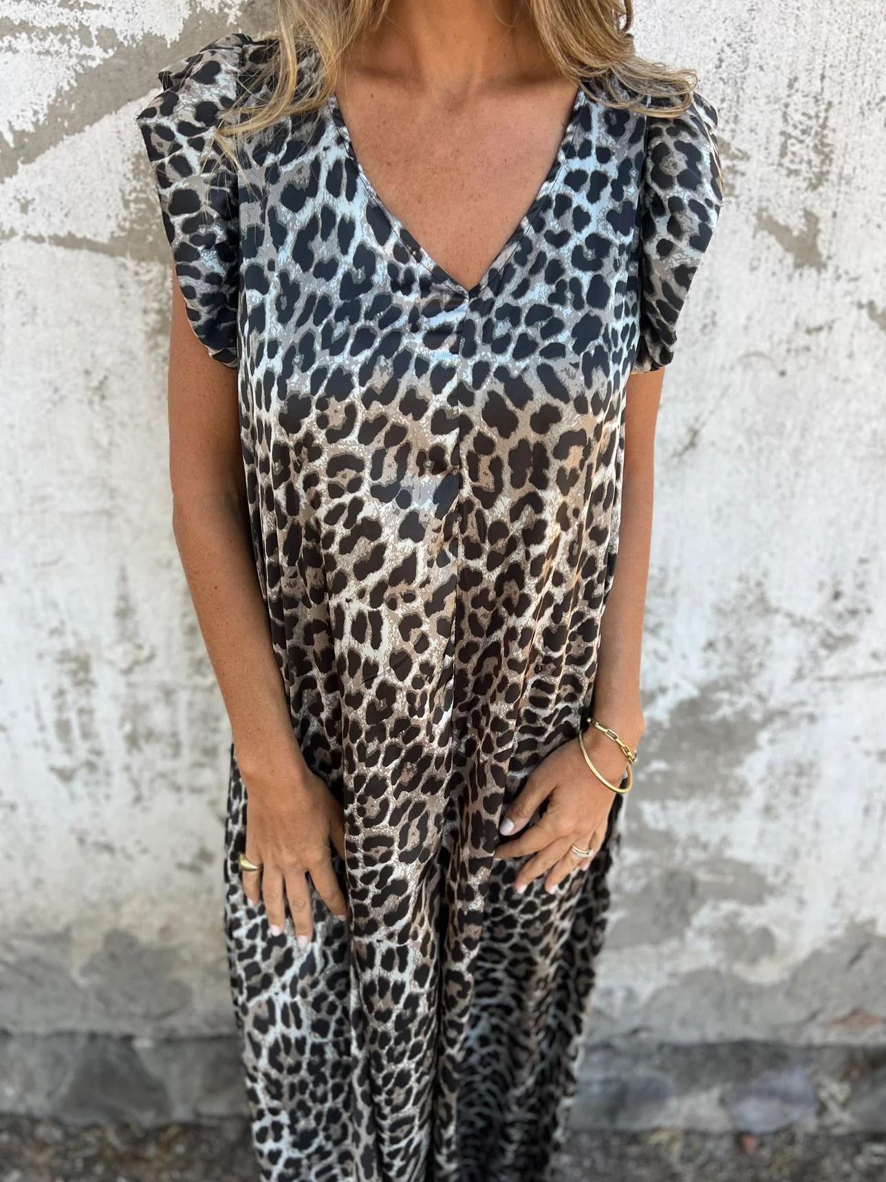 Leopard Print V Neck Jumpsuit With Front Pockets