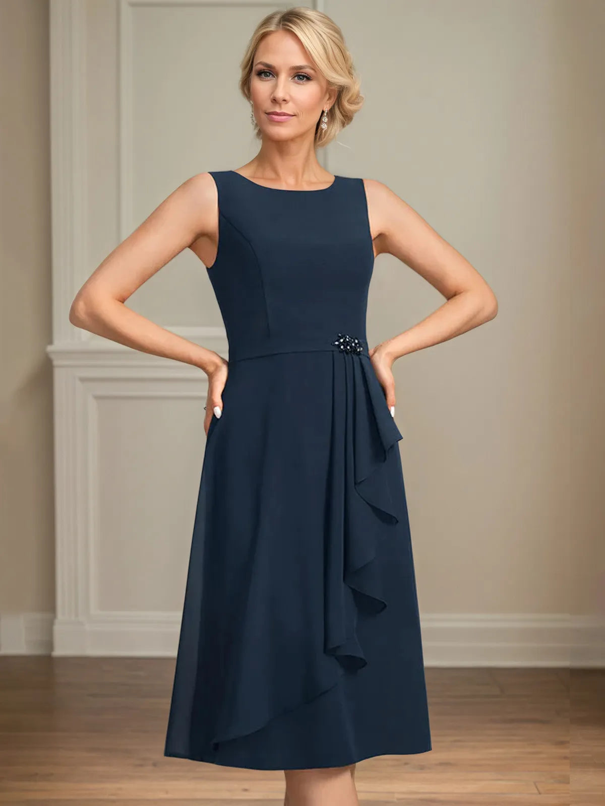 Sheath/Column Scoop Knee-Length Chiffon Mother of the Bride Dress With Cascading Ruffles Beading - View 5 | FashionDia