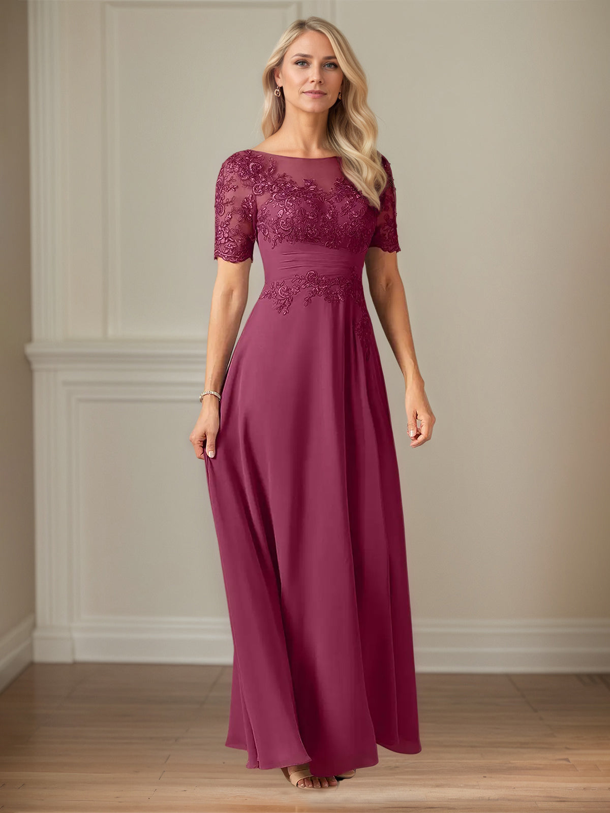 A-Line Chiffon Scoop Neck Short Sleeves Floor-Length Mother of the Bride Dresses With Appliques - View 7 | FashionDia