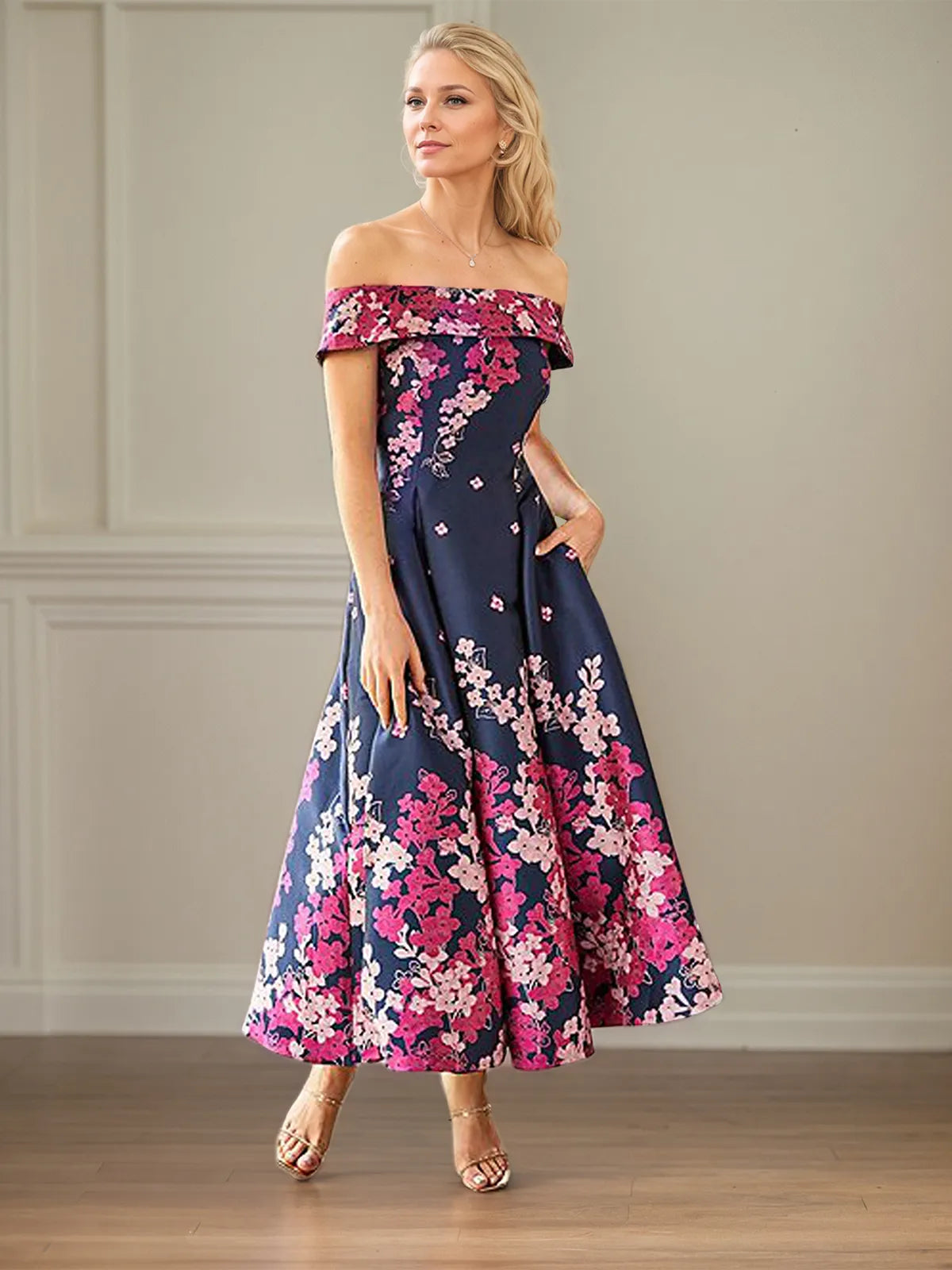 A-Line Off-the-Shoulder Ankle Length Satin Floral Mother of the Bride Dress - View 4 | FashionDia