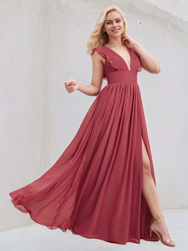 Cinnamon Rose Chiffon A Line V Neck Sleeveless Floor Length Bridesmaid Dress