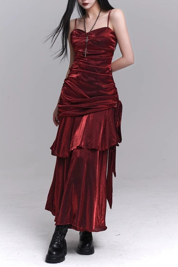 Asymmetrical Burgundy Ruffled Tailored Dress for Layered Outfit Styling