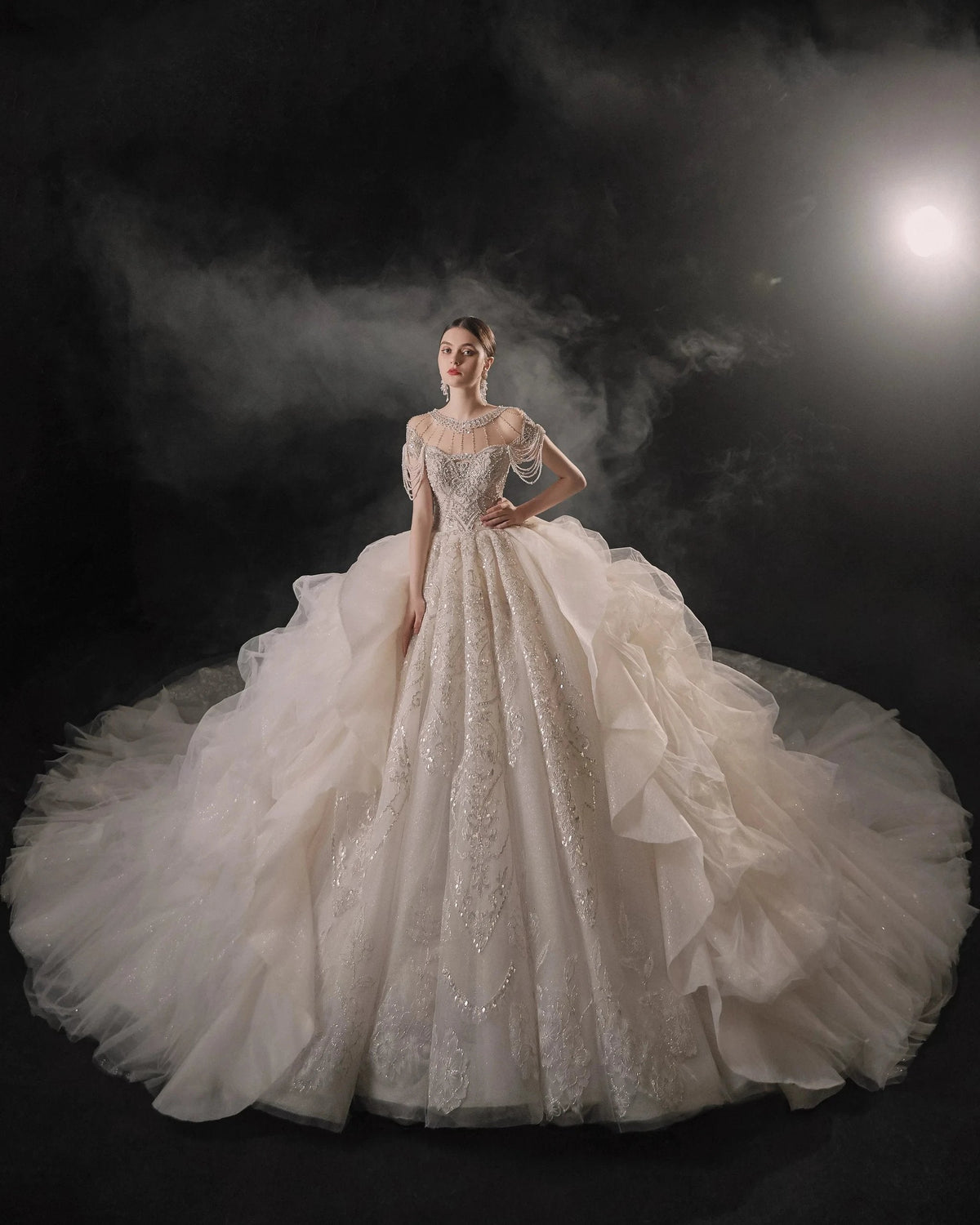 Glamorous Illusion Neckline Ball Gown Beaded Lace Fringe Trim Ruffled Train Wedding Dress E-307 (ZD16891) - View 6 | VelvetHem
