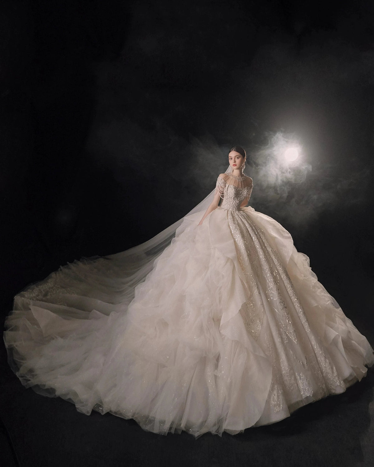 Glamorous Illusion Neckline Ball Gown Beaded Lace Fringe Trim Ruffled Train Wedding Dress E-307 (ZD16891)