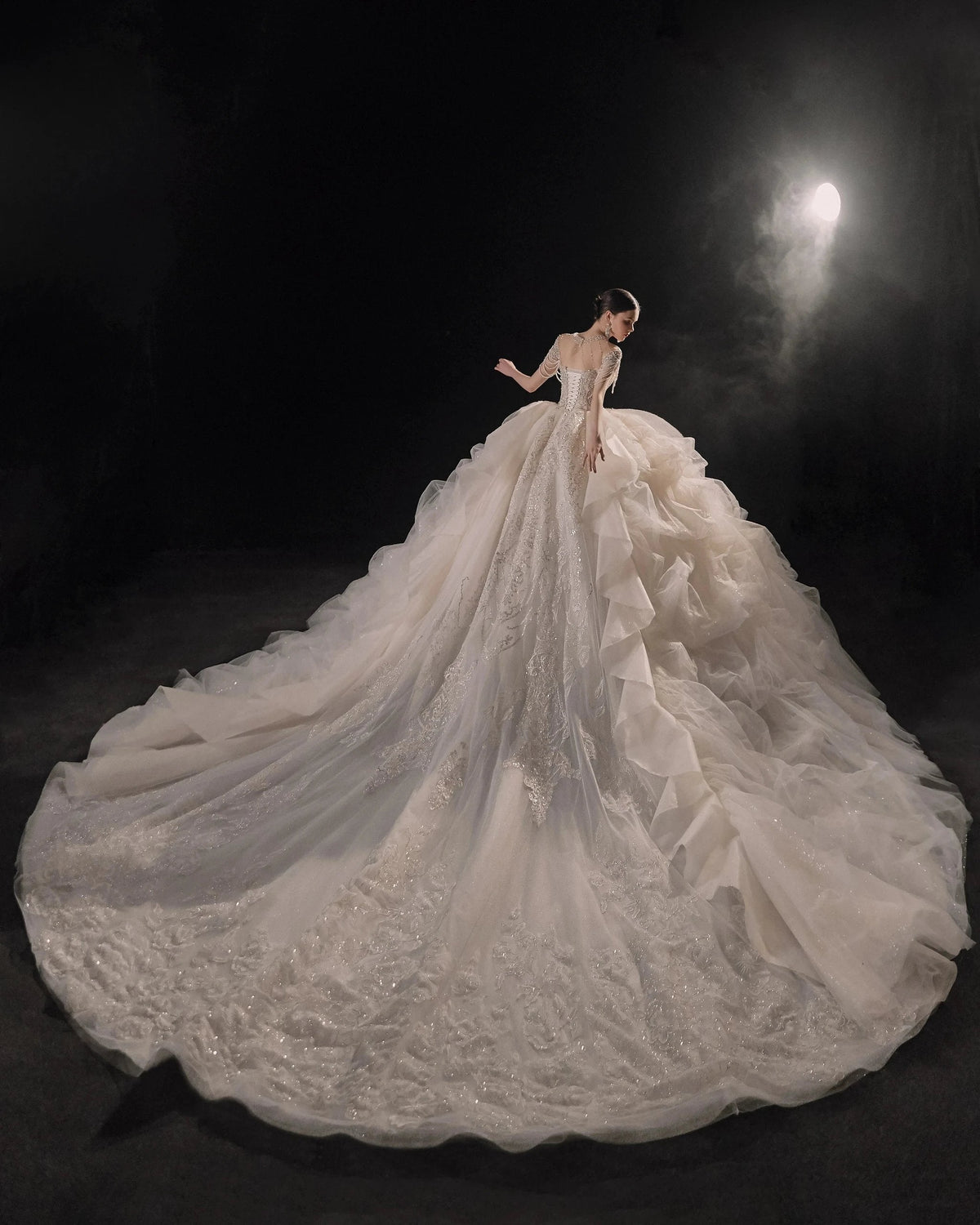 Glamorous Illusion Neckline Ball Gown Beaded Lace Fringe Trim Ruffled Train Wedding Dress E-307 (ZD16891) - View 8 | VelvetHem