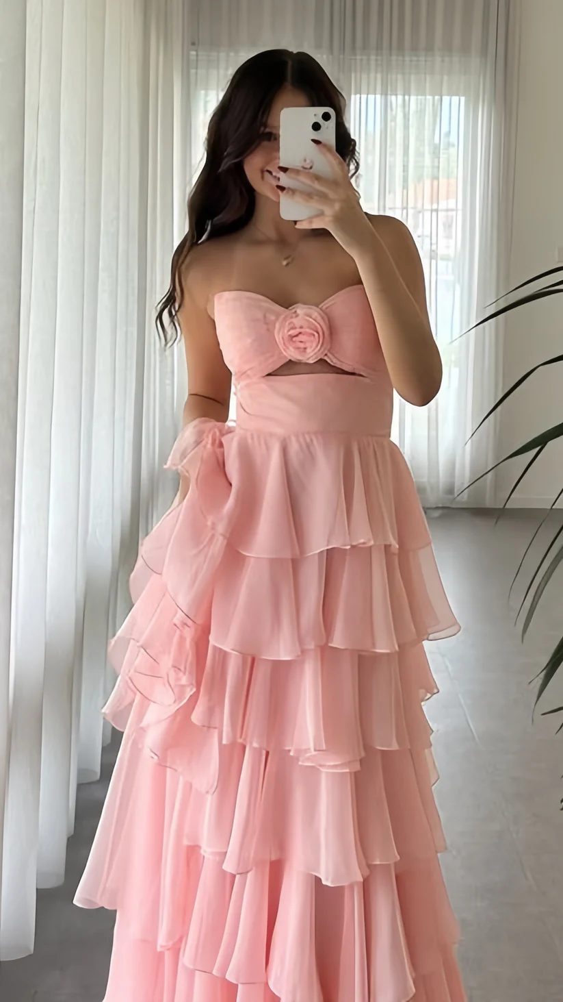 Blush Pink Chiffon Ruffle Prom Dresses Layered Evening Dress