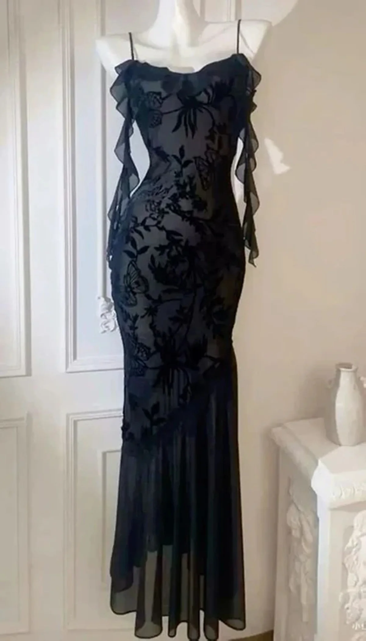 Black Lace Mermaid Maxi Dress Prom Dress, Gothic Lace Black Evening Dress