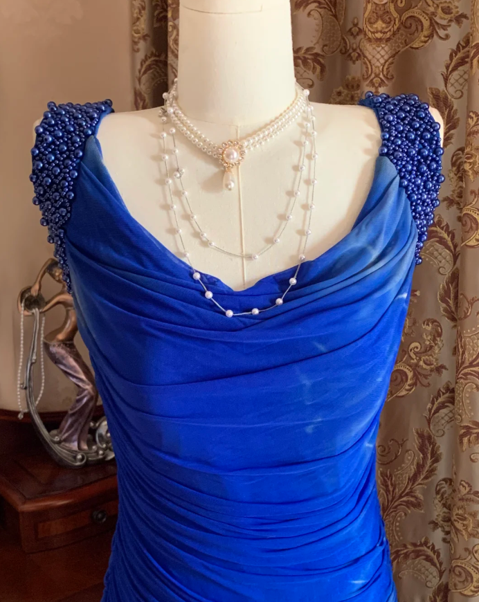 Sexy Royal Blue Tulle Pleated Beaded Mermaid Long Wedding Guest Dress Evening Dress - View 6 | FashionDia