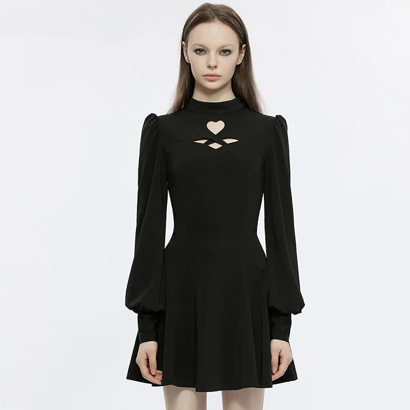 Heart-shaped Hollowing Puff Princess Sleeves Gothic Daily Party Club Black Gothic Dress
