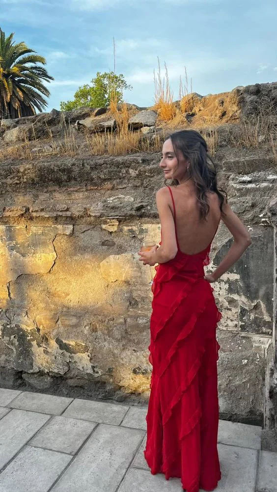 Sexy Ruffles Prom Dress Red Backless Long Party Dress Evening Dress Y7474 - View 3 | VelvetHem