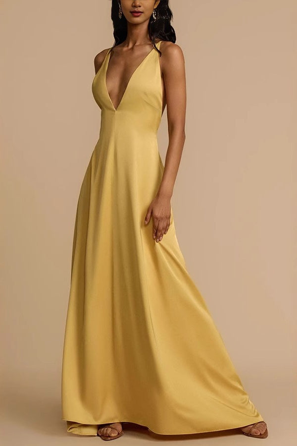 Satin Deep V Backless Maxi Silk Dress - VelvetHem
