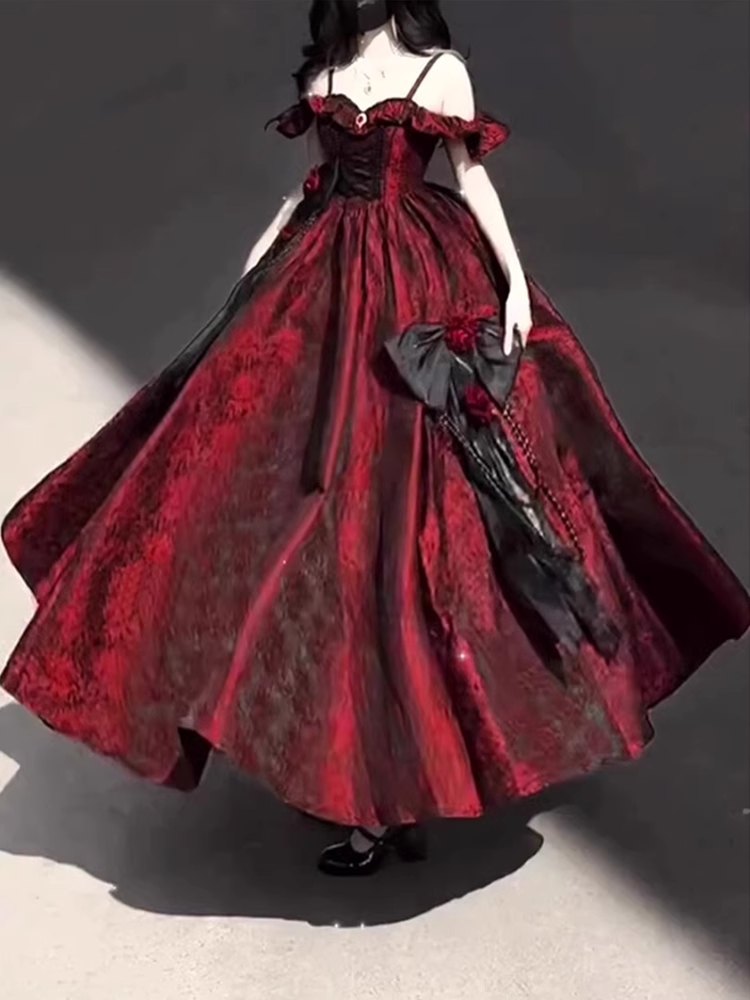 Vintage Ball Gown Straps Long Burgundy Ruffles Lace Prom Dresses Birthday Outfits - View 4 | FashionDia