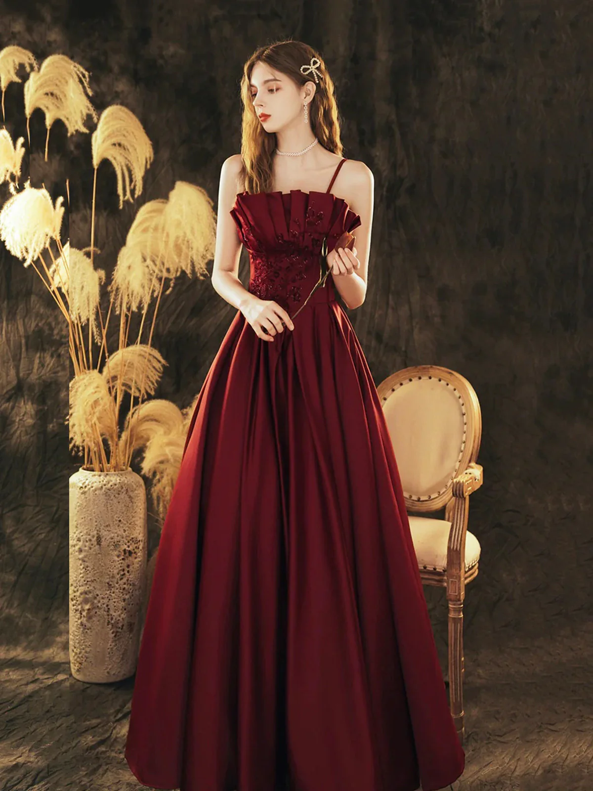 Wine Red Satin Beaded Straps Prom & Evening Dress, Wine Red A-Line Formal Dress - View 3 | FashionDia