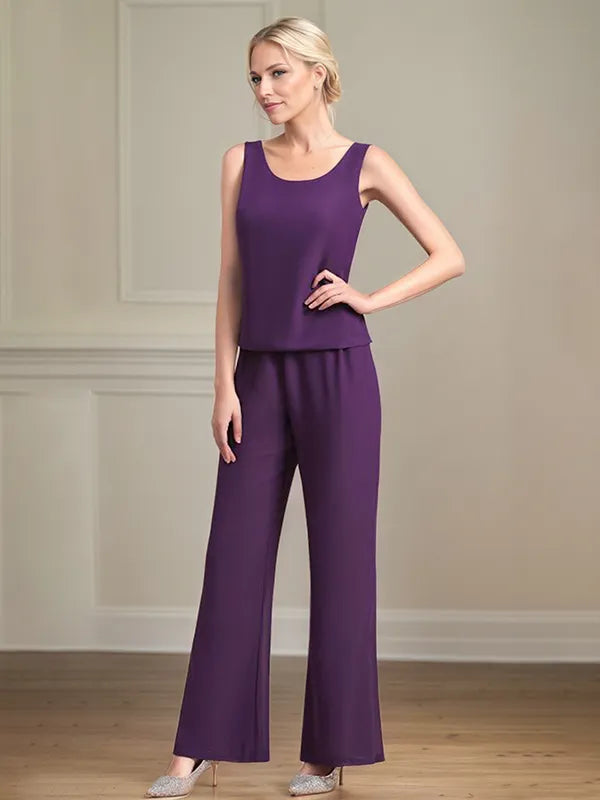 Chiffon Scoop Neck Long Sleeves Floor Length Mother Of The Bride Pantsuits