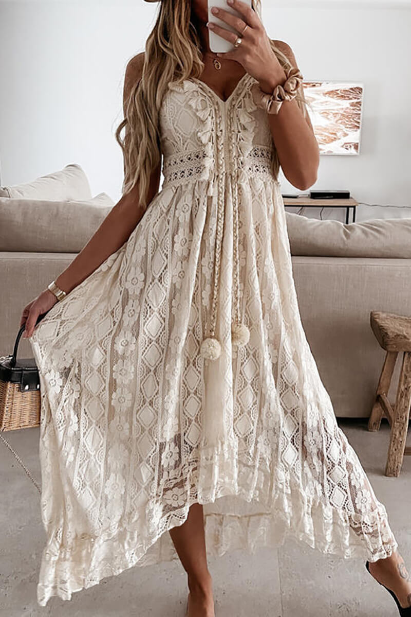 Mandy Boutique Lace and Ruffle Mullet Midi Dress Chic Silhouette Collection