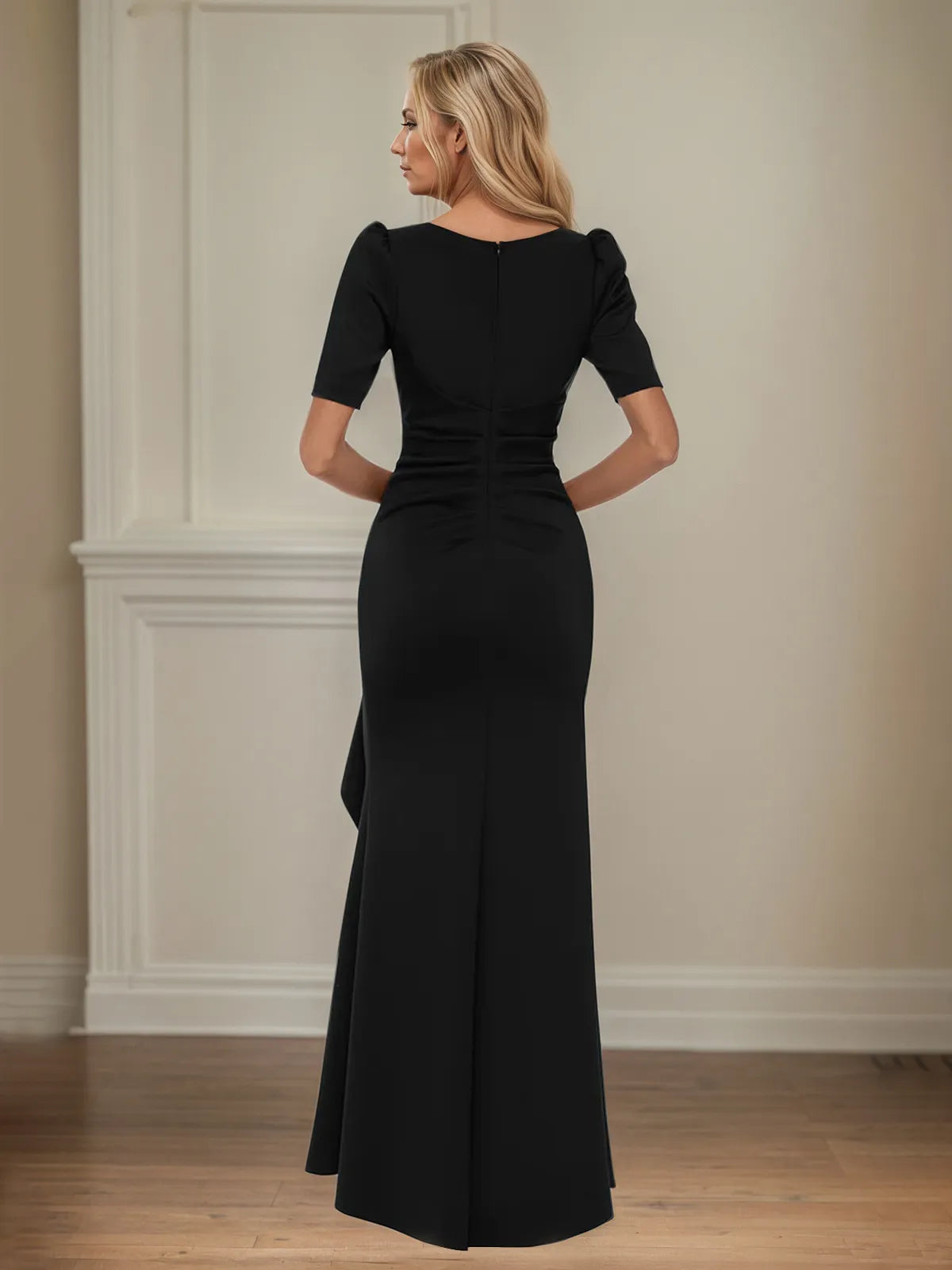 Trumpet/Mermaid Scoop Neck Short Sleeve Floor-Length Stretch Crepe Mother of the Bride Dress With Ruffles - View 7 | FashionDia