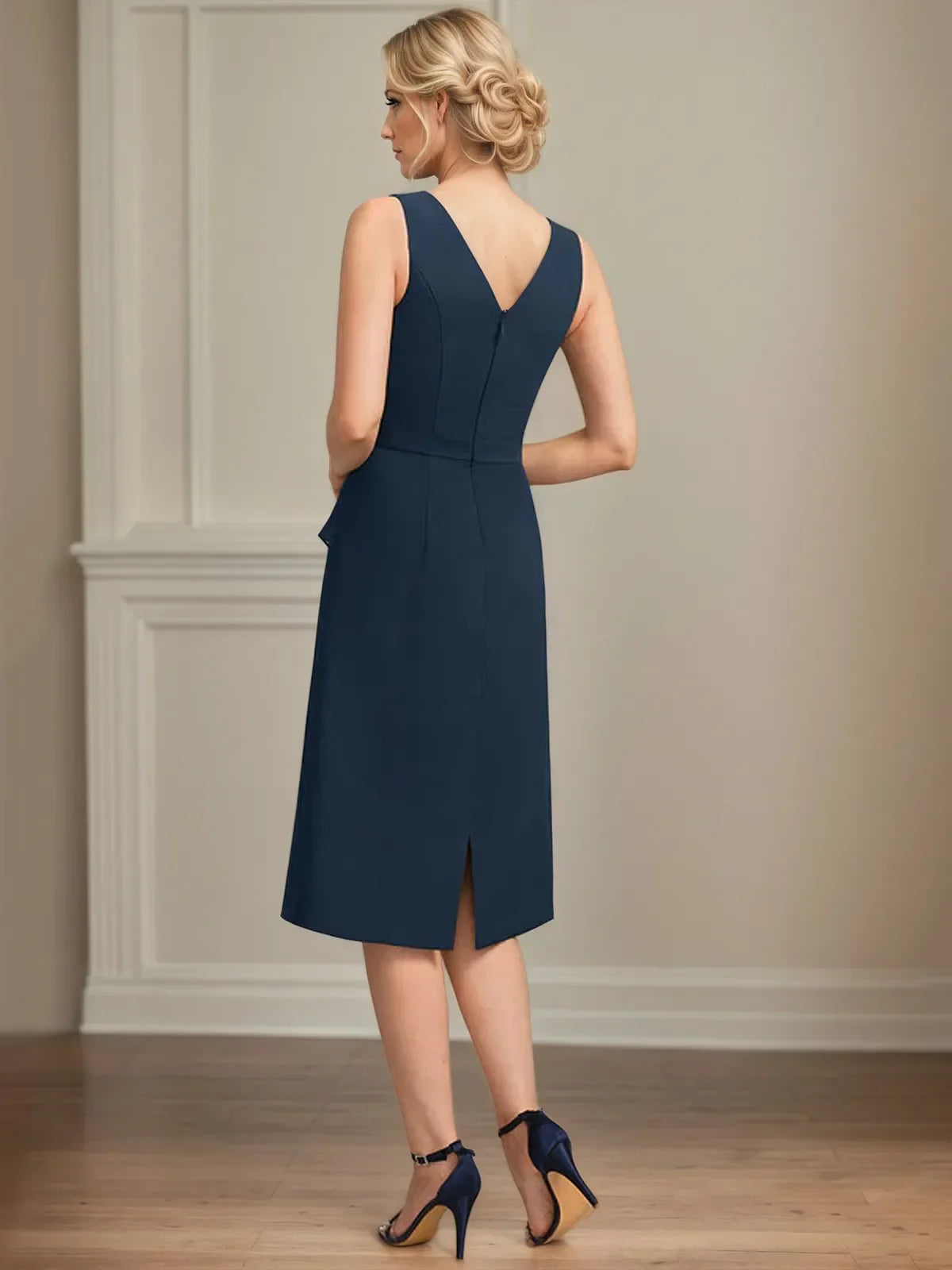 Sheath/Column Scoop Knee-Length Chiffon Mother of the Bride Dress With Cascading Ruffles Beading - View 6 | FashionDia