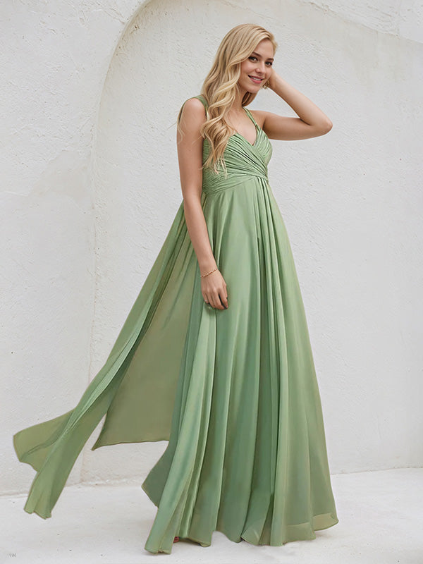Basil A-Line V-Neck Floor-Length Chiffon Bridesmaid Dress With Ruffle