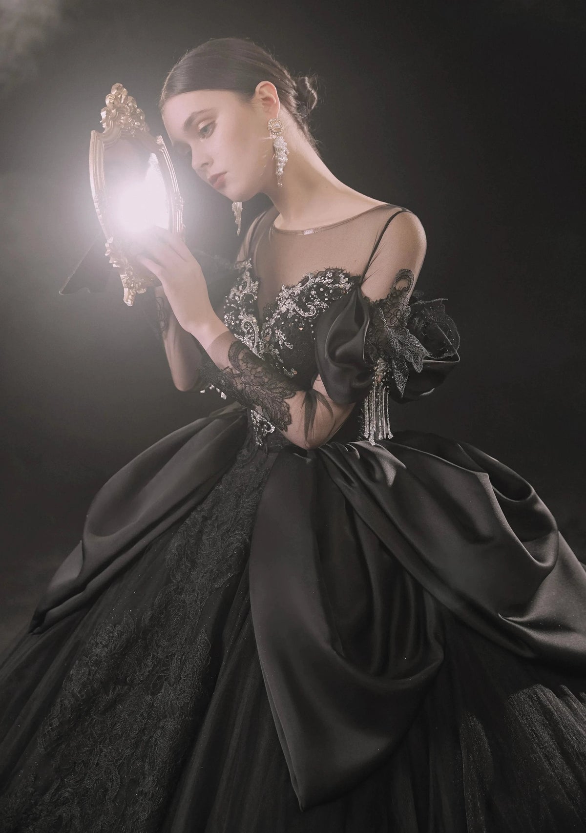 Dramatic Black Ball Gown Illusion Neckline Satin Puff Sleeve Beaded Lace Wedding Dress with Oversized Train E-305 (ZD16893) - View 6 | VelvetHem