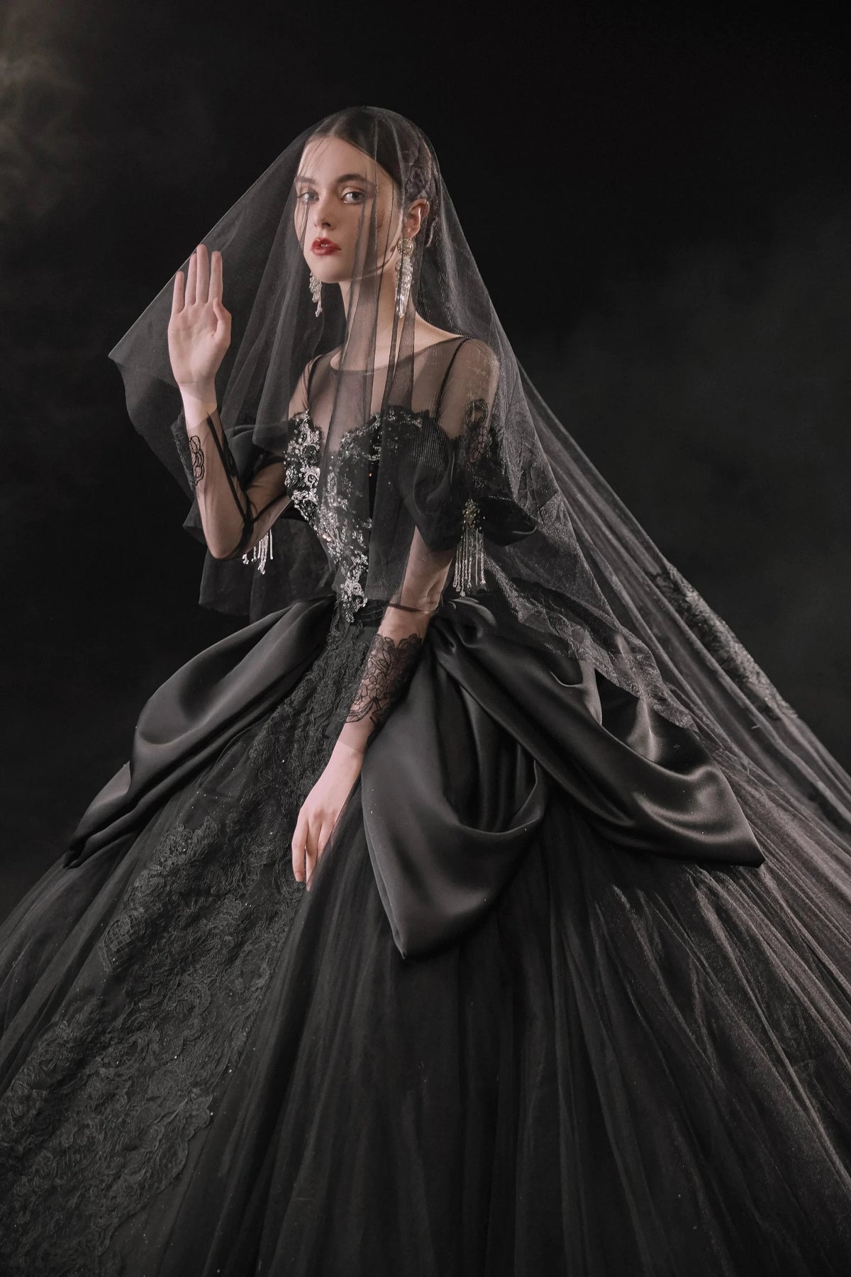 Dramatic Black Ball Gown Illusion Neckline Satin Puff Sleeve Beaded Lace Wedding Dress with Oversized Train E-305 (ZD16893) - VelvetHem