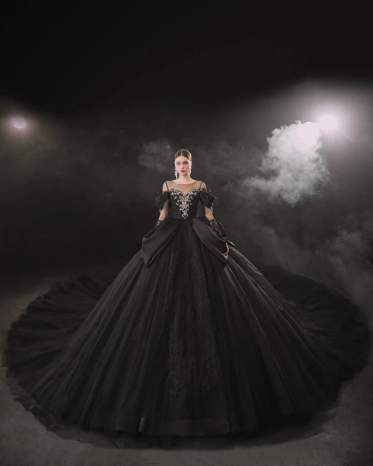 Dramatic Black Ball Gown Illusion Neckline Satin Puff Sleeve Beaded Lace Wedding Dress with Oversized Train E-305 (ZD16893) - View 2 | VelvetHem