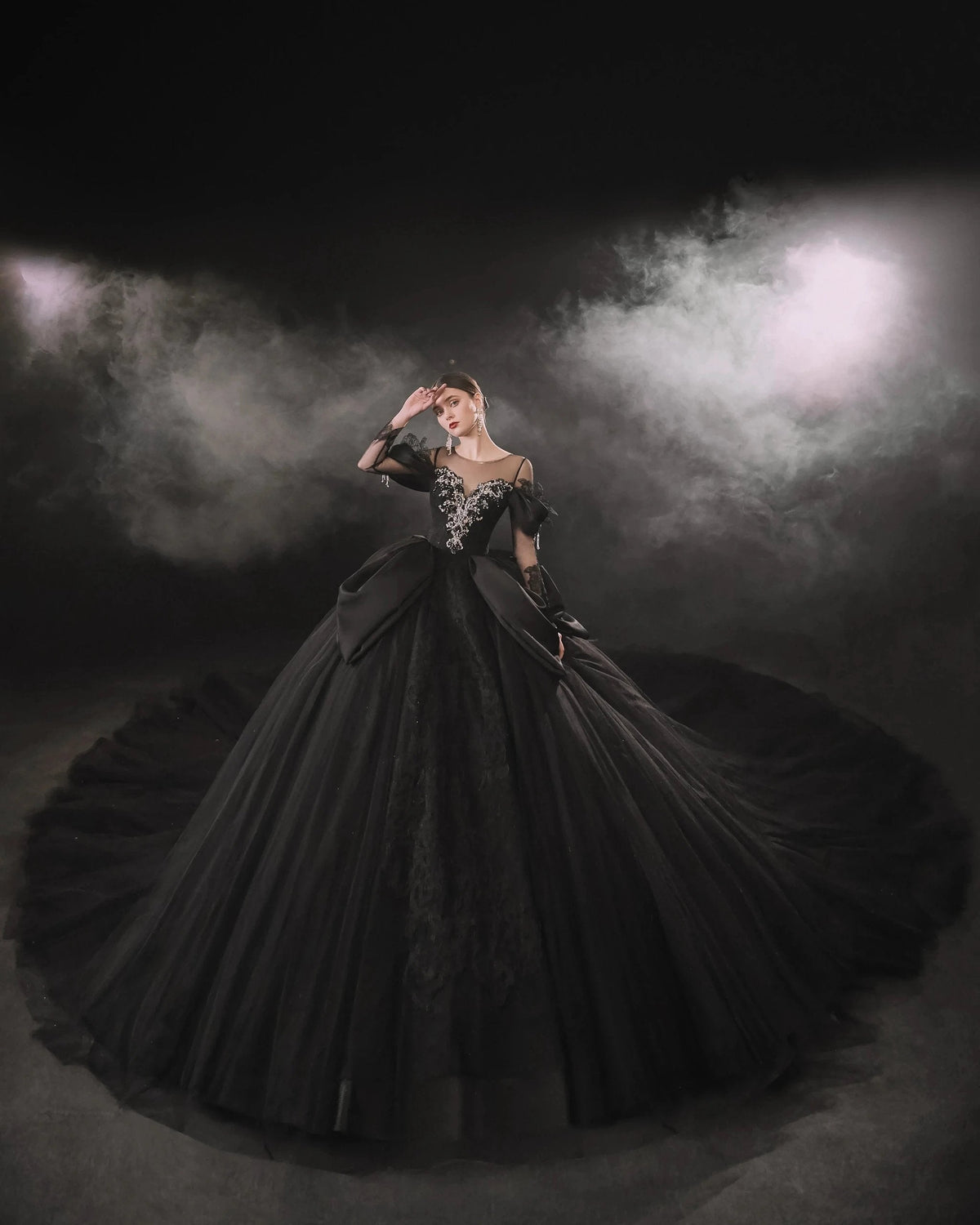 Dramatic Black Ball Gown Illusion Neckline Satin Puff Sleeve Beaded Lace Wedding Dress with Oversized Train E-305 (ZD16893) - View 9 | VelvetHem