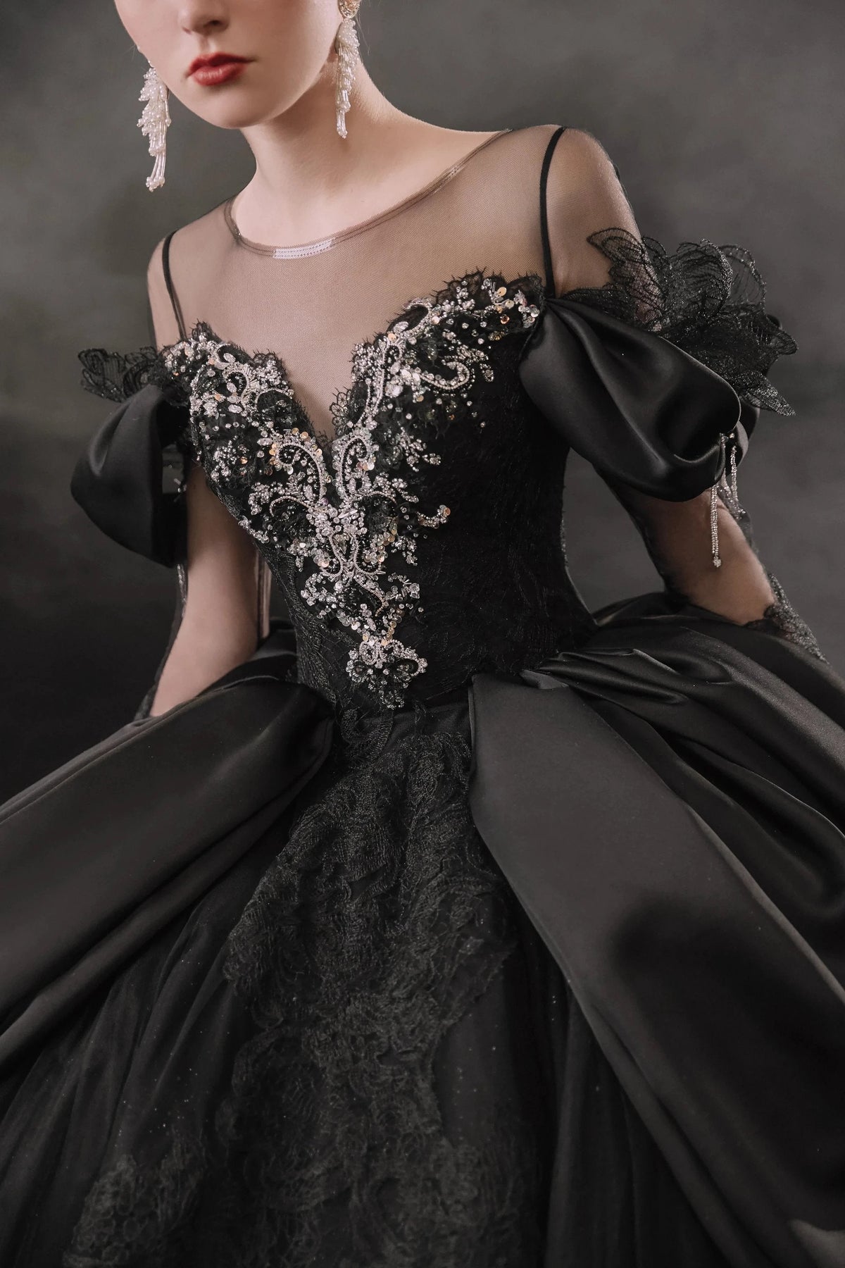 Dramatic Black Ball Gown Illusion Neckline Satin Puff Sleeve Beaded Lace Wedding Dress with Oversized Train E-305 (ZD16893) - View 5 | VelvetHem