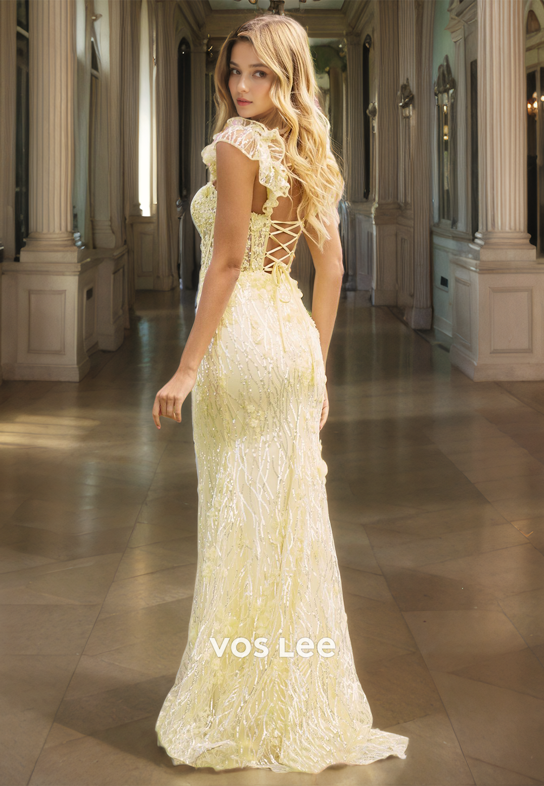 Graceful Sweetheart Lace Mermaid Prom Gown Straps Lace Up Yellow Party Dress