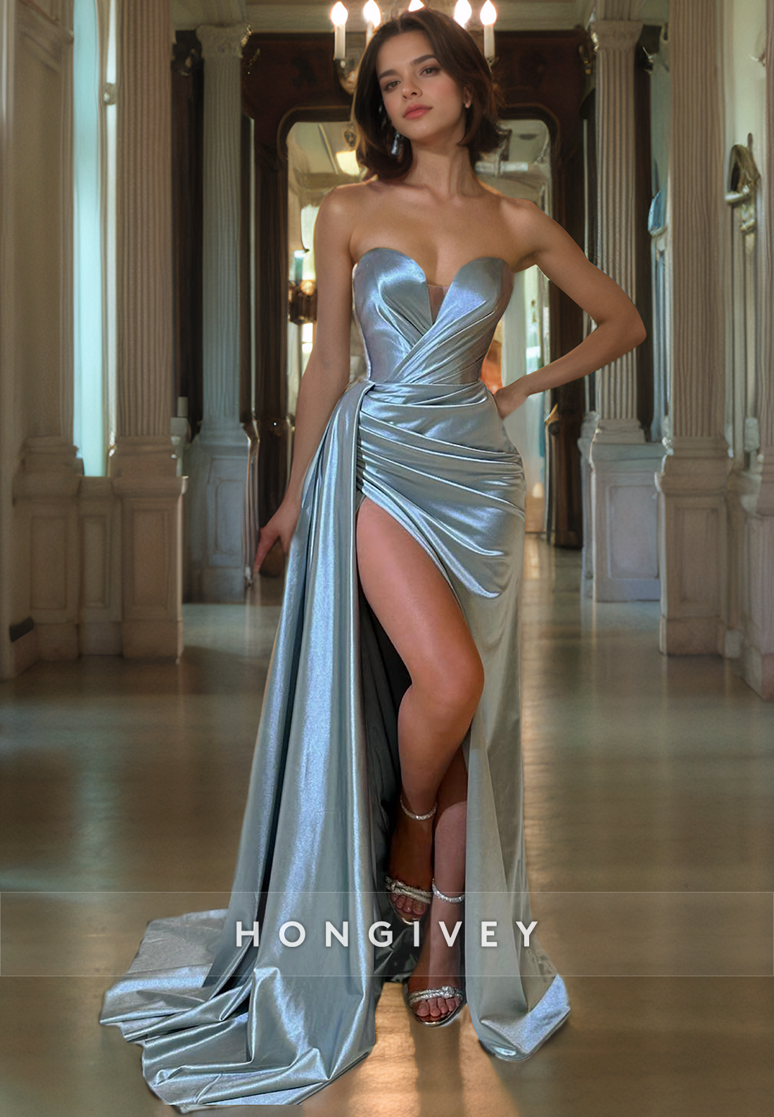 L0950 - Plunging Illusion High Slit With Train Party Evening Prom Dress