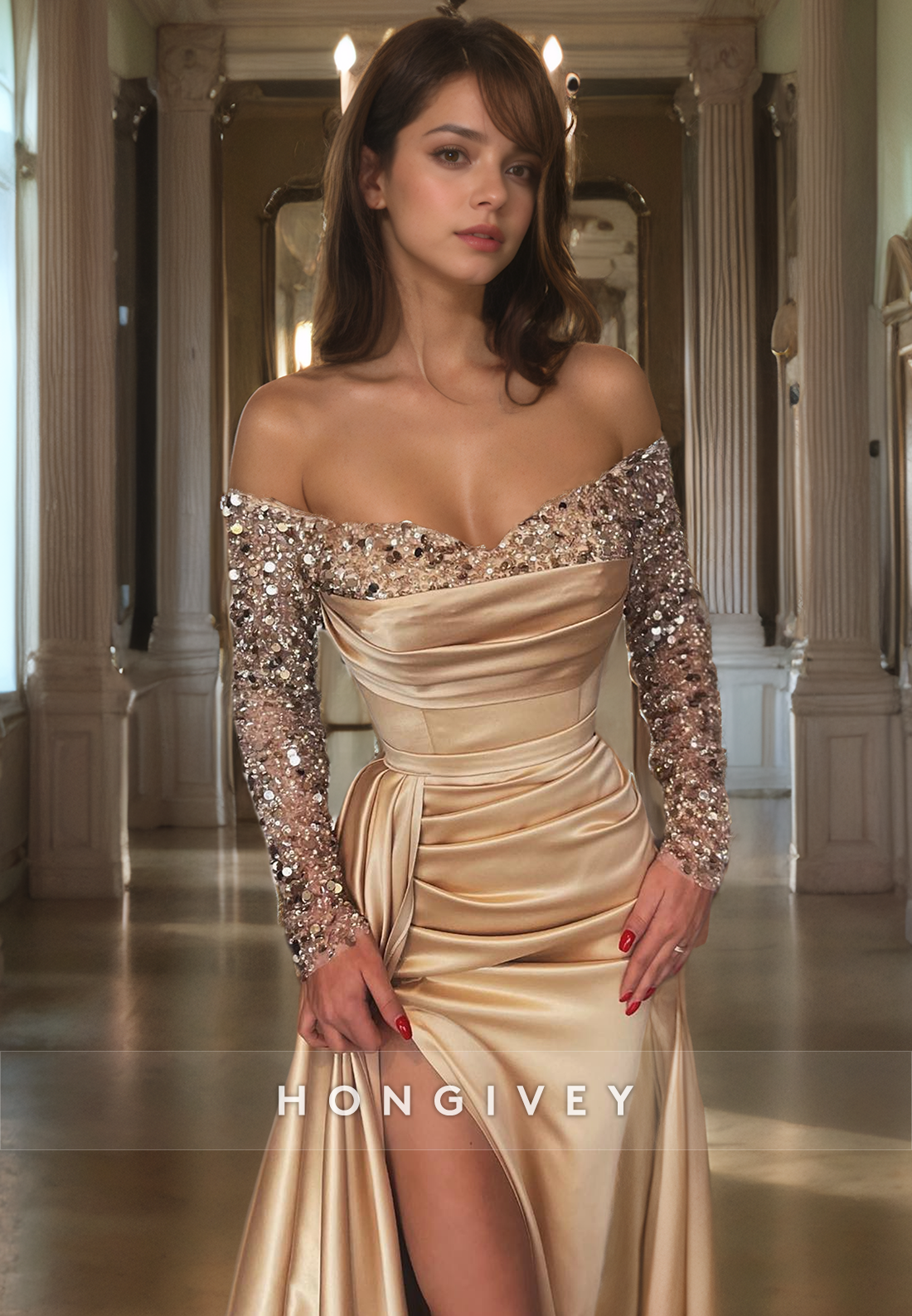 Glitter Long Sleeves Satin Formal Party Dress with Side Slit Customized 012