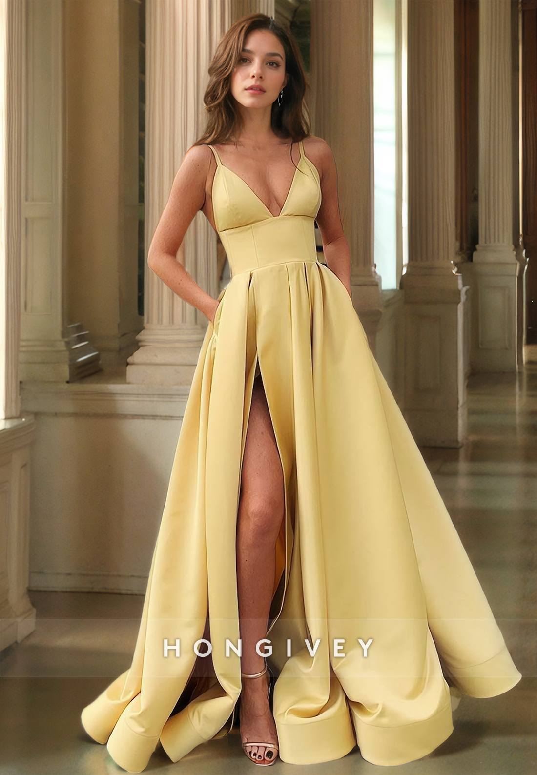 L1478 - Sexy Satin A-Line Plunging V-Neck Spaghetti Straps Empire With Side Slit Party Prom Evening Dress