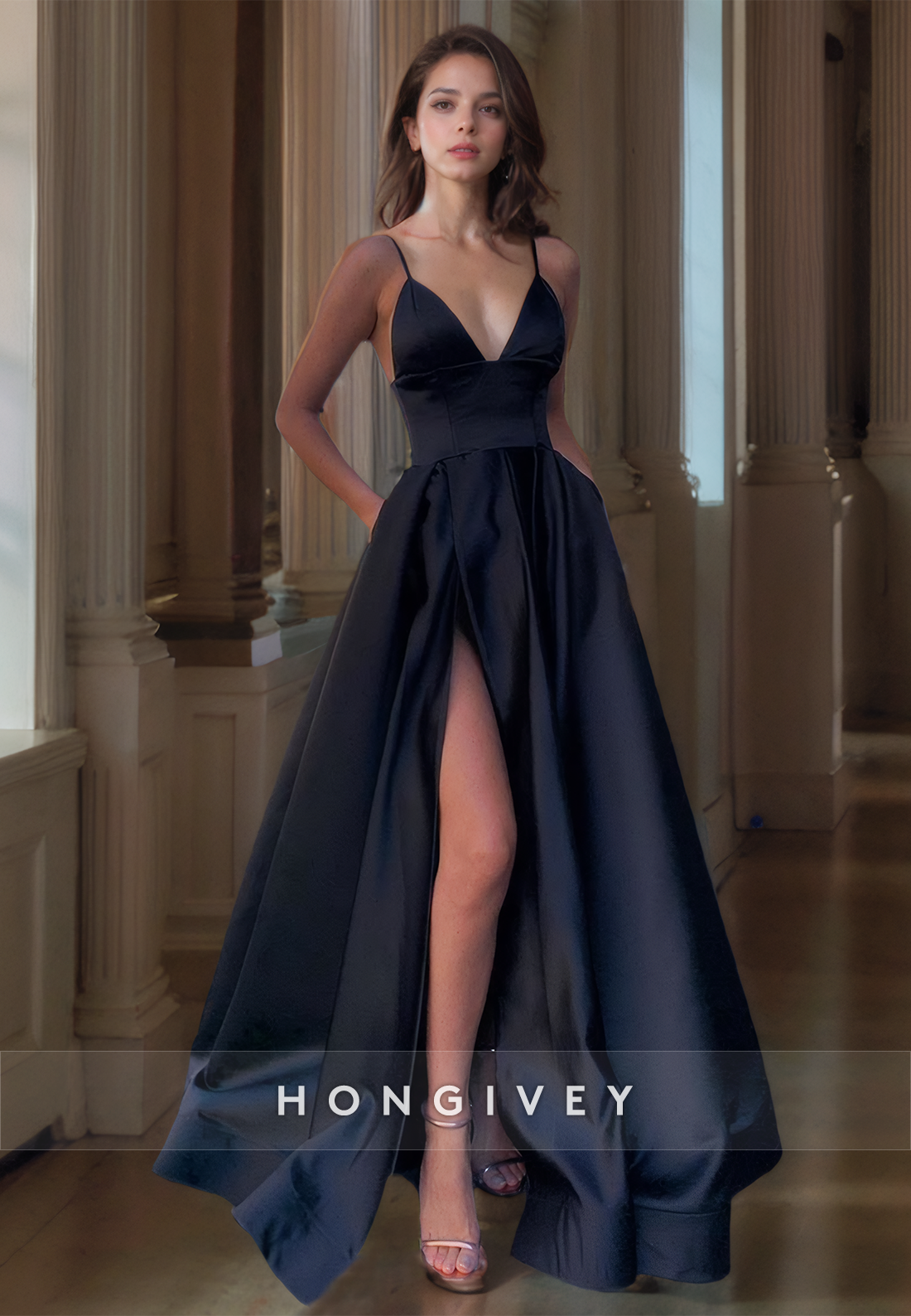 L1478 - Sexy Satin A-Line Plunging V-Neck Spaghetti Straps Empire With Side Slit Party Prom Evening Dress